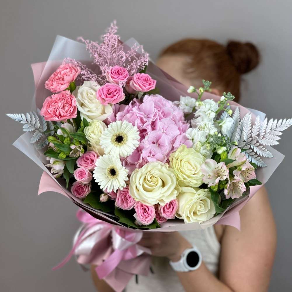 Mixed Bouquet of Hydrangeas, Roses, Carnations, Alstroemeria, Gerberas, and Spray Roses image 0