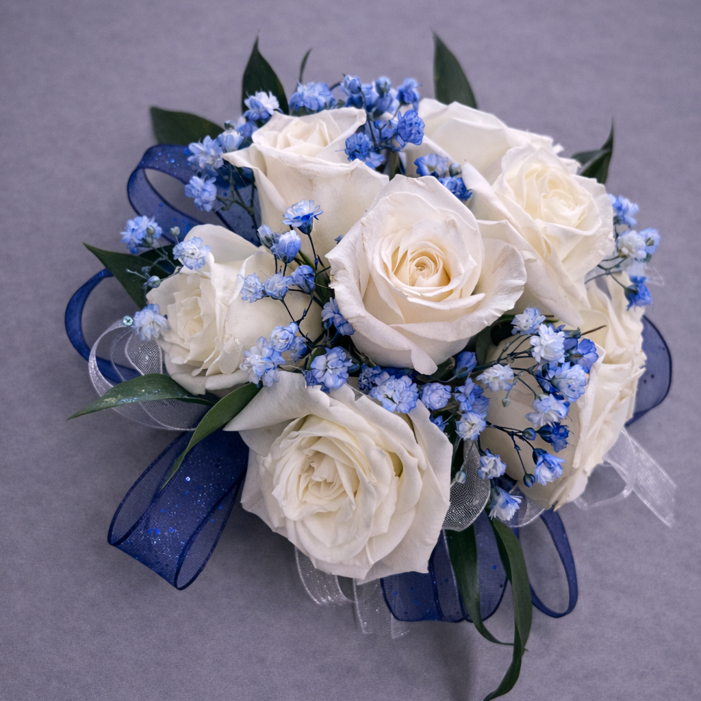 White Rose Corsage with Blue Accents