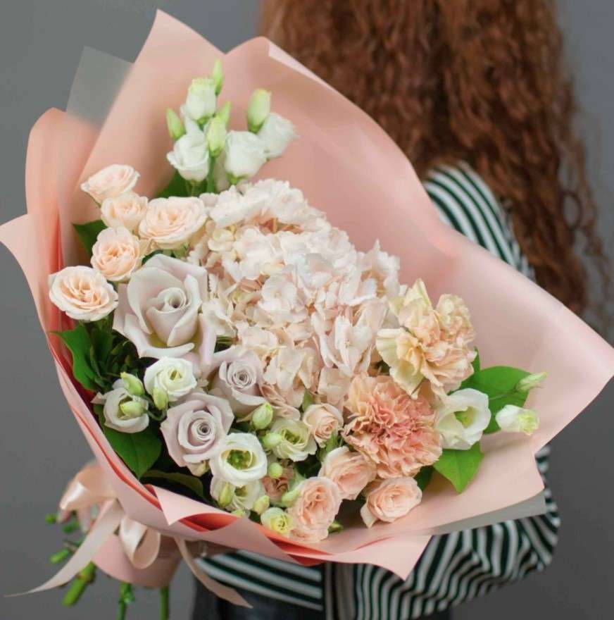 Mixed Bouquet of Hydrangeas, Roses, Carnations, Lisianthus, and Spray Roses image 0