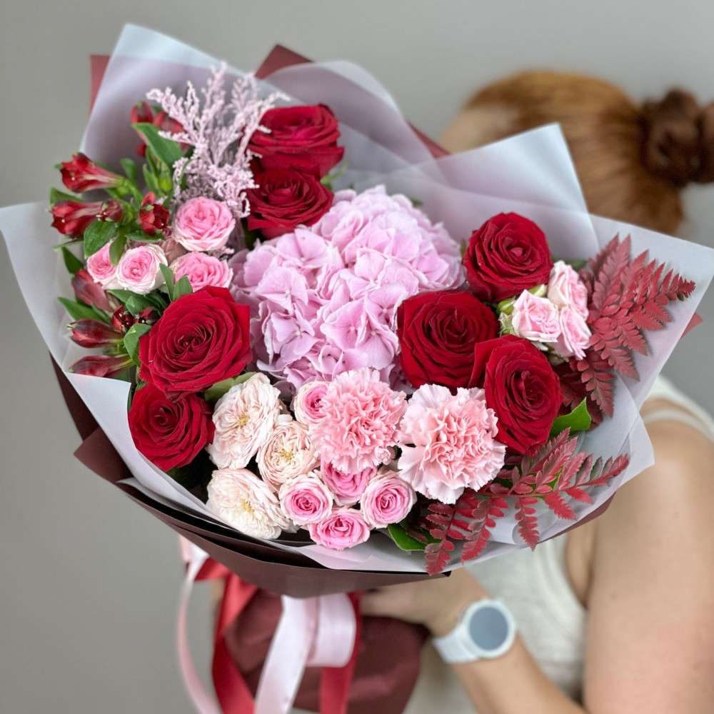 Mixed Bouquet of Hydrangeas, Roses, Carnations, Alstroemeria, and Spray Roses image 0