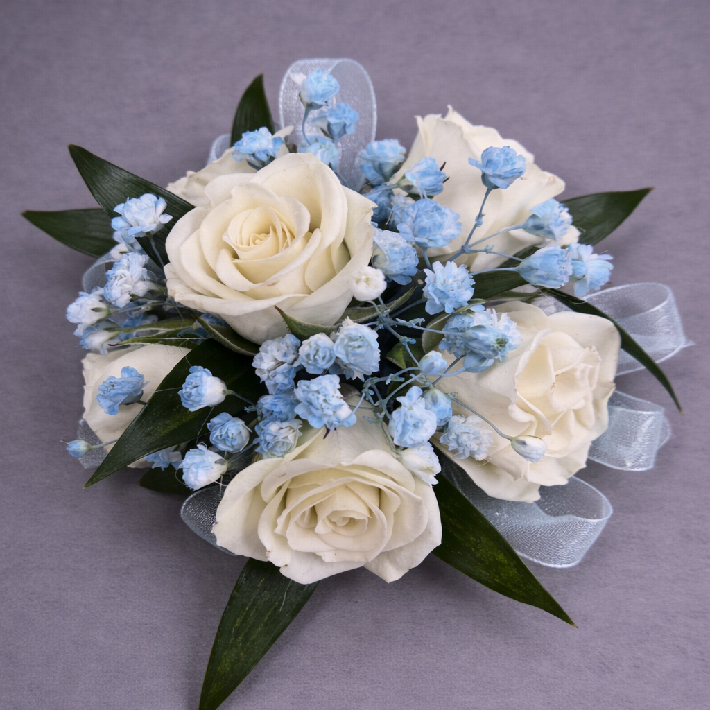 White Rose Corsage with Blue Accents