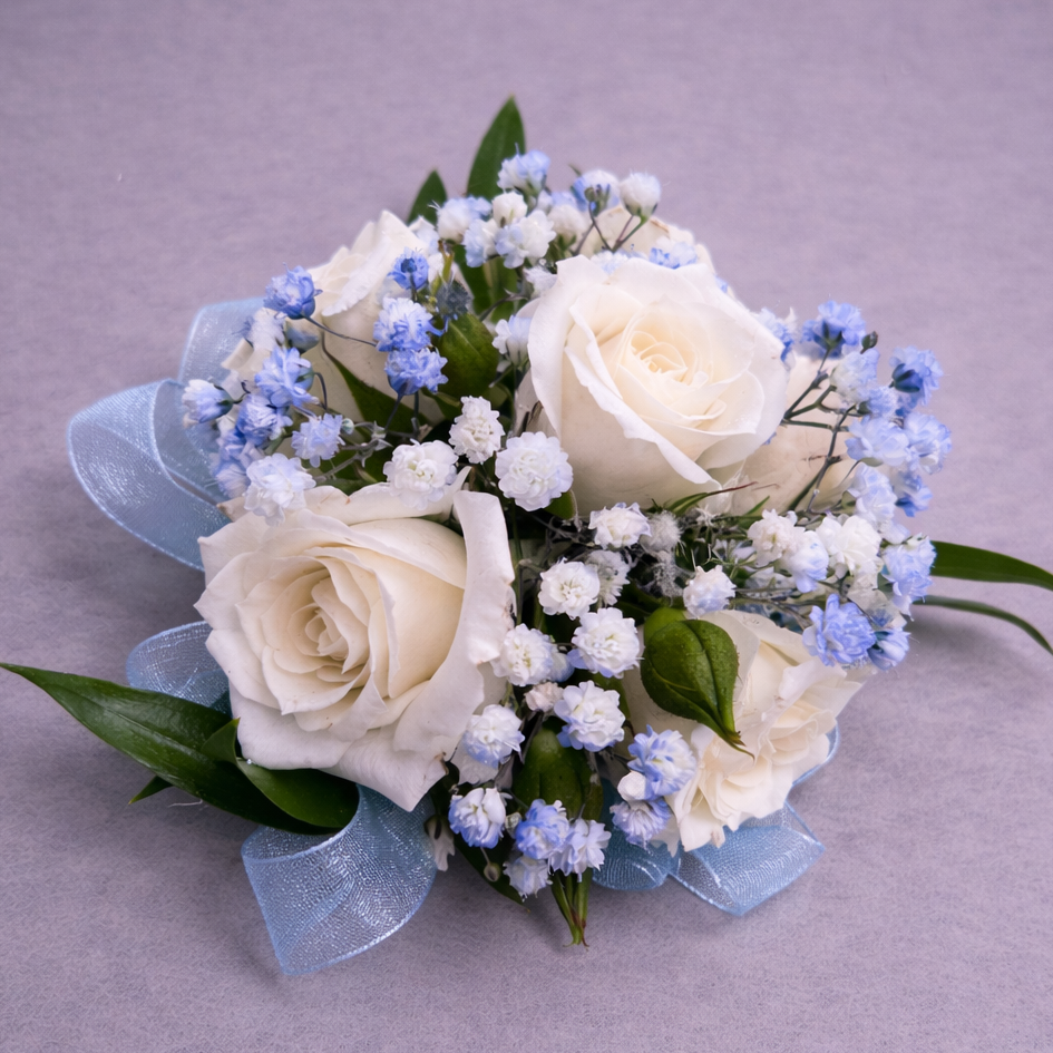 White Rose Corsage with Blue Accents