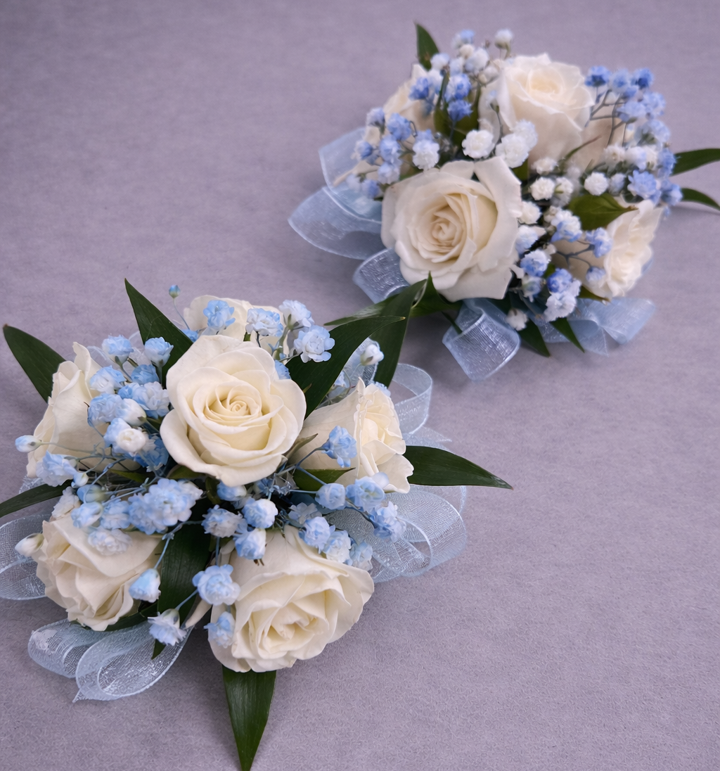 White Rose Corsage with Blue Accents